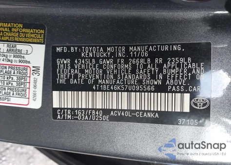 2007 Toyota Camry Le z USA, uszkodzony, nr VIN 4T1BE46K57U095566